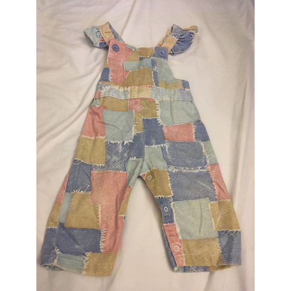 Vintage Pink Blue Ruffle Sleeve Cotton Long Overalls Romper 18 Months THOMAS - Picture 2 of 10